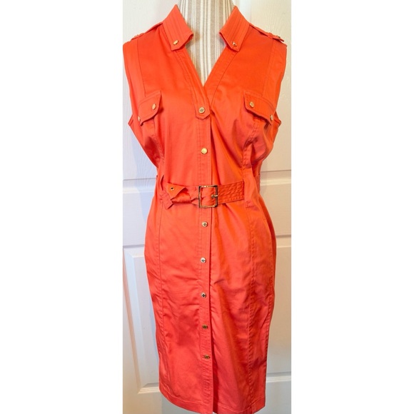 Calvin Klein Orange Belted Snap Safari Shirt Dress POCKETS~NWT MSRP $134 Size 14 - Picture 1 of 9